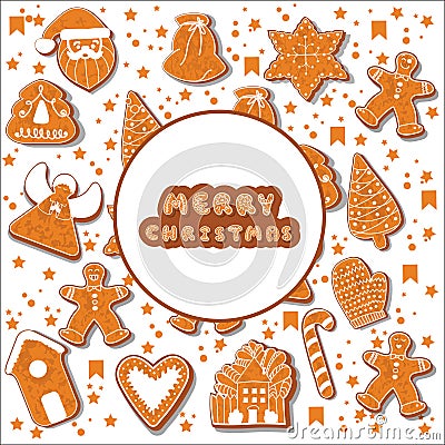 Christmas gingerbread cookies making a rectangular frame. Vector illustration.Happy winter holidays poster. New year Vector Illustration