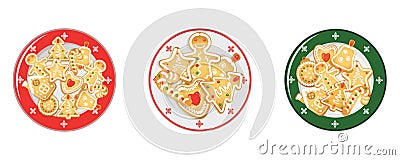 Christmas gingerbread cookies on porcelain platter. Vector Illustration