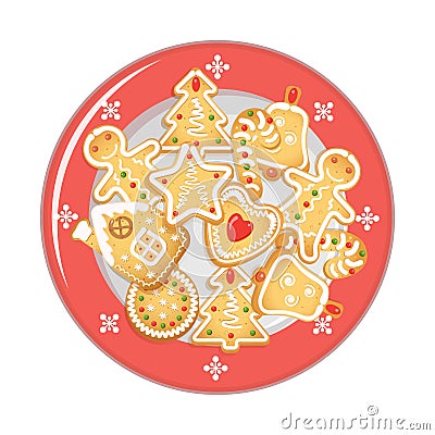 Christmas gingerbread cookies on red porcelain platter. Vector Illustration
