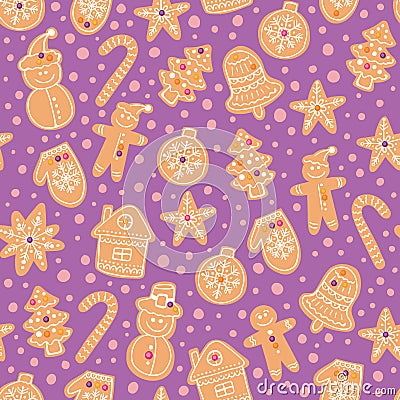 Christmas gingerbread cookies seamless vector pattern. Holiday purple hand drawn background with sugar coating biscuits Vector Illustration