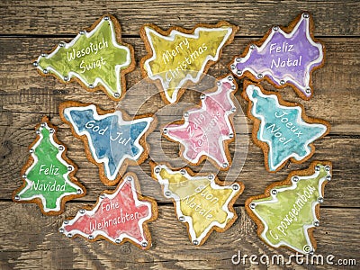 Christmas gingerbread cookies with seasonal greetings Stock Photo