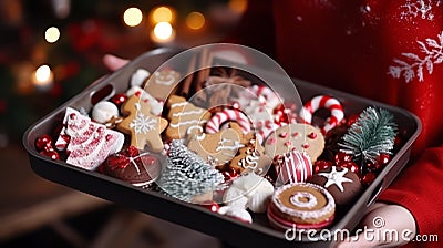 Christmas gingerbread cookies! Christmas snacks in female hands hold a tray: candies, cocoa in cups, Christmas tree branches. Stock Photo