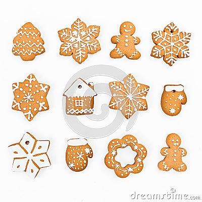 Christmas gingerbread cookies on white background. Flat lay. top view. New year concept Stock Photo