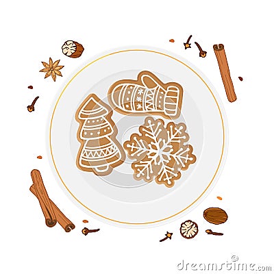 Christmas gingerbread cookies on white circle plate surrounded by spices, anise, cloves, cinnamon, nutmeg. Flat vector Vector Illustration