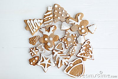 Tasty homemade gingerbread reindeer, tree, star and hearts cookies with icing Stock Photo
