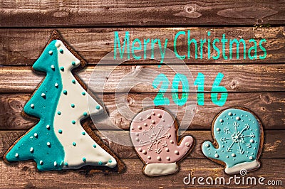 2016 christmas gingerbread cookies on wood Stock Photo