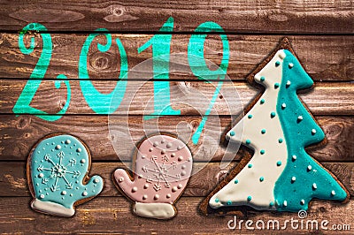 2019, christmas gingerbread cookies on wood greeting card Stock Photo