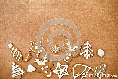 Tasty modern homemade gingerbread reindeer, tree, star and hearts cookies with icing Stock Photo