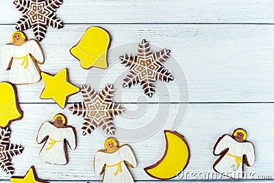 Christmas gingerbread cookies on wooden background Stock Photo