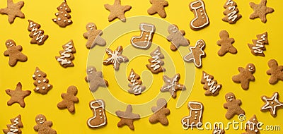 Christmas gingerbread cookies on yellow background. Banner. Top view, copy space. New year concept Stock Photo