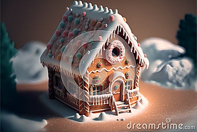 Christmas gingerbread house decorated with white confectionery mastic in the form of snow. Stock Photo