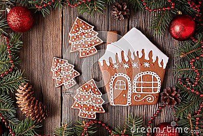 Christmas gingerbread house and fur tree cookies Stock Photo