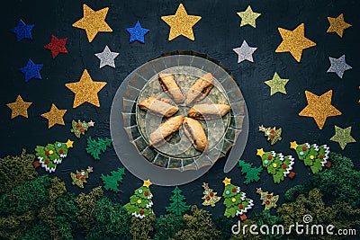 Christmas gingerbread Italian cookies cuccidati, cuccidati biscuits on seasonal holiday background Stock Photo