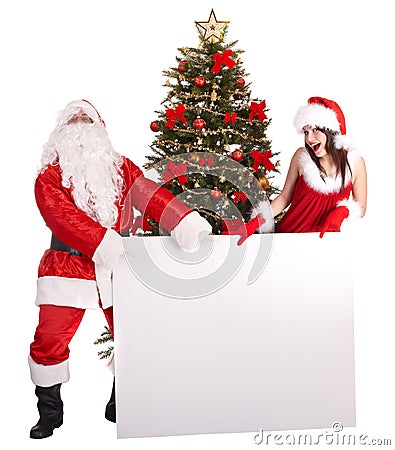 Christmas girl, santa claus with banner and tree. Stock Photo