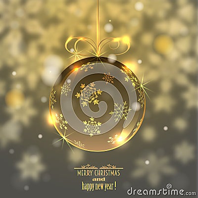 Christmas glass ball on blurred background with snowflakes, Vector Illustration