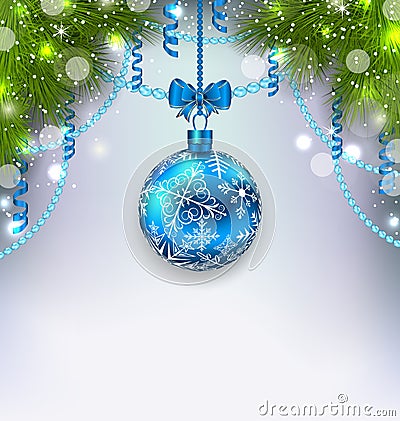 Christmas glass ball, fir branches, streamer, copy space for you Vector Illustration