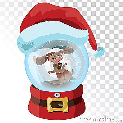 Christmas glass magic ball with a dog. A transparent glass ball with a santa hat. Vector illustration. Vector Illustration