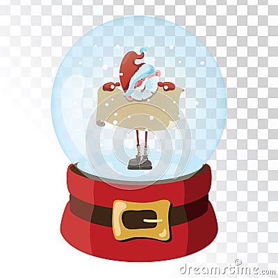 Christmas glass magic ball with Santa Claus. Transparent glass sphere with snowflakes. Vector illustration. Vector Illustration
