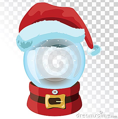 Christmas glass magic ball with santa hat. Transparent glass sphere with snowflakes. Vector illustration. Vector Illustration