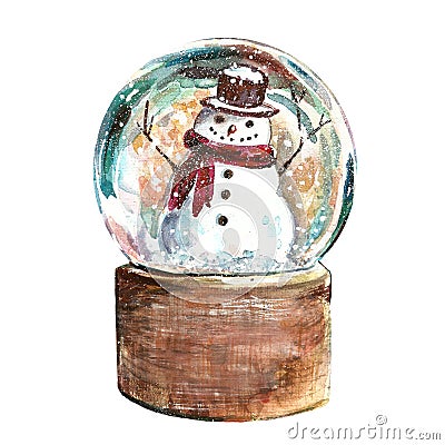 Christmas scene with glass snow globe with snowman. Winter Holiday hand drawn watercolor illustration Cartoon Illustration