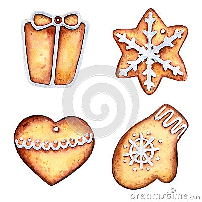 Christmas glazed gingerbread cookies, watercolor Cartoon Illustration