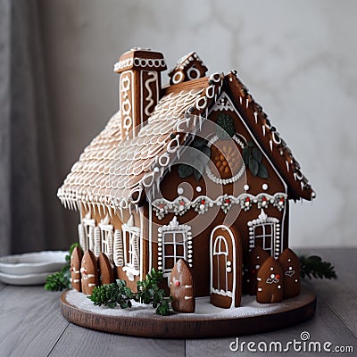 Christmas glazed gingerbread house for winter holiday. Traditional ginger handmade dessert. Generative AI Stock Photo