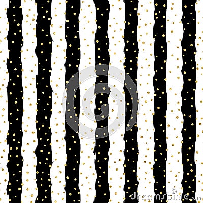 Christmas glitter seamless pattern background. Gold polka dot, foil confetti on trendy black and white stripes Vector Illustration