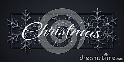 Christmas glittering snowflakes on a dark background. Greeting card for your holiday design. Festive xmas banner. Vector Vector Illustration