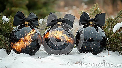 Christmas glossy space themed balls with black bows decoration on the snow Stock Photo