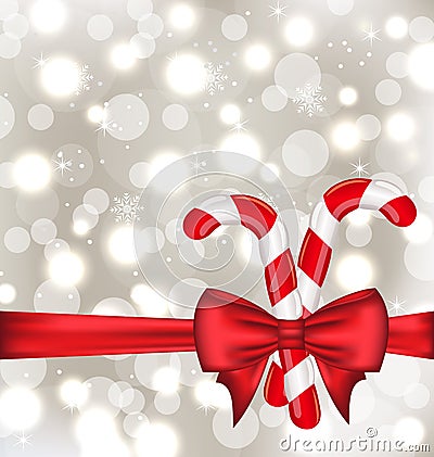 Christmas glowing background with gift bow and sweet canes Vector Illustration