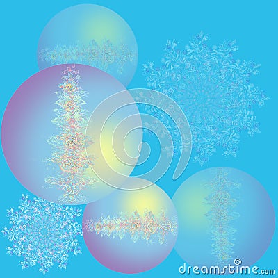 Beautiful glowing Christmas balls snowflakes. Happy New Year card. Blue balls with the flower and openwork image. Blue background Stock Photo