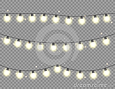 Christmas glowing lights. Garlands with colored bulbs. Xmas holidays. Christmas greeting card design element. New year Vector Illustration