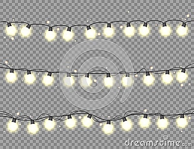 Christmas glowing lights. Garlands with colored bulbs. Xmas holidays. Christmas greeting card design element. New year Vector Illustration