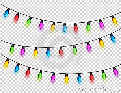Christmas glowing lights on transparent background. Garlands with colored bulbs. Xmas holidays. Christmas greeting card Vector Illustration