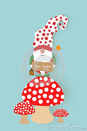 Christmas Gnome above a red mushroom. Merry Christmas Cute Scandinavian Nordic Santa Claus Elf, vector isolated on blue background Vector Illustration