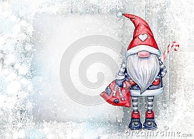 Christmas gnome cartoon, greeting card for winter holidays. Merry Christmas greeting card Stock Photo