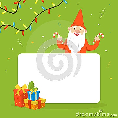 Christmas Gnome Holding Blank Banner, Winter Holidays Background, Greeting Card, Sale Advertising Poster Cartoon Vector Stock Photo