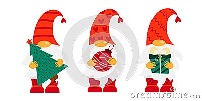Christmas gnome. Three gnomes are holding New Year's items. Cute Christmas gnome shirt design and home decor for Vector Illustration