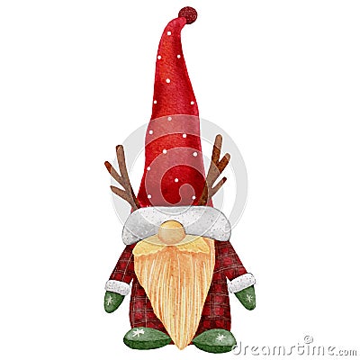 Christmas Gnome Wearing Santa Claus Red Hat isolated on white background. Watercolor hand paint Cute Scandinavian Dwarfs,Vector Cartoon Illustration