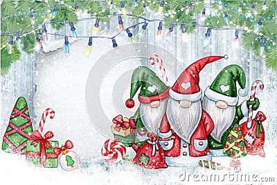 Christmas gnomes cartoons, greeting card for winter holidays. Merry Christmas greeting card Stock Photo