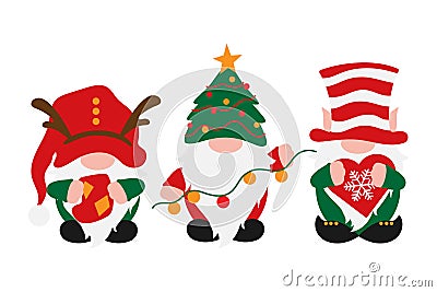 Christmas Gnomes in holiday hats, scandinavian gnome with decoration in hands - sock, garland, snoflake, male nordic Vector Illustration