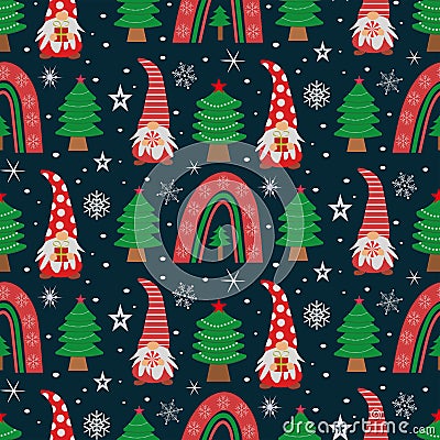 Cute Christmas gnomes with boho rainbow , Christmas trees and snowflakes over dark blue background. bric Vector Illustration