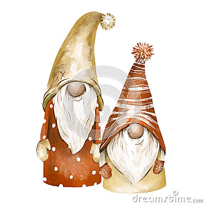 Christmas gnomes vintage illustration. Nordic gnomes greeting card Cartoon Illustration