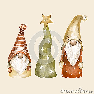 Christmas gnomes vintage illustration. Nordic gnomes greeting card Cartoon Illustration