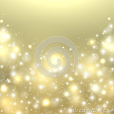 Christmas gold background. New Year glowing light backdrop. Holiday design with sparkle stars, snowflakes, snow and Vector Illustration