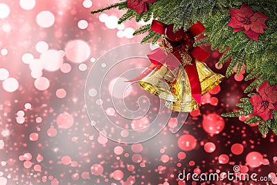 Christmas plants,gold bells white red snow background for greeting card Stock Photo