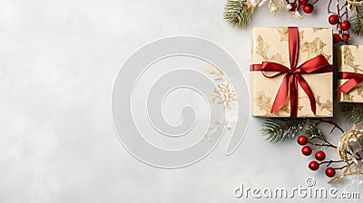Christmas gold gift boxes with red ribbons and ornaments on lgiht gray backdrop, Merry Christmas background with copy space. Stock Photo
