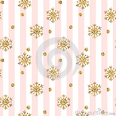 Christmas gold snowflake seamless pattern. Golden glitter snowflakes on pink white lines background. Winter snow texture Vector Illustration