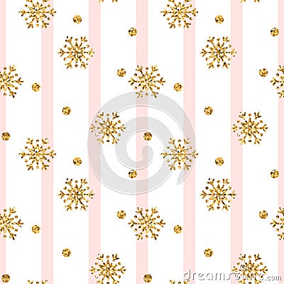 Christmas gold snowflake seamless pattern. Golden glitter snowflakes on pink white lines background. Winter snow texture Vector Illustration