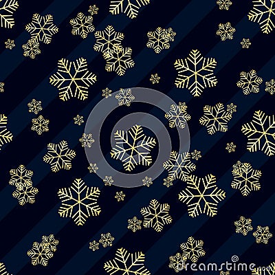 Christmas gold snowflake seamless pattern. Golden snowflakes on blue and white diagonal lines background. Winter snow texture Cartoon Illustration